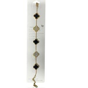 WOMEN PLATED Gold-Tone Clover IRISH SHAMROCK Charm Bracelet With Black & Crystal